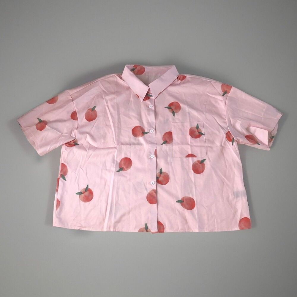 Shein Pastel Pink Peach Print Short Sleeve Button Down Blouse Boxy Cropped 12